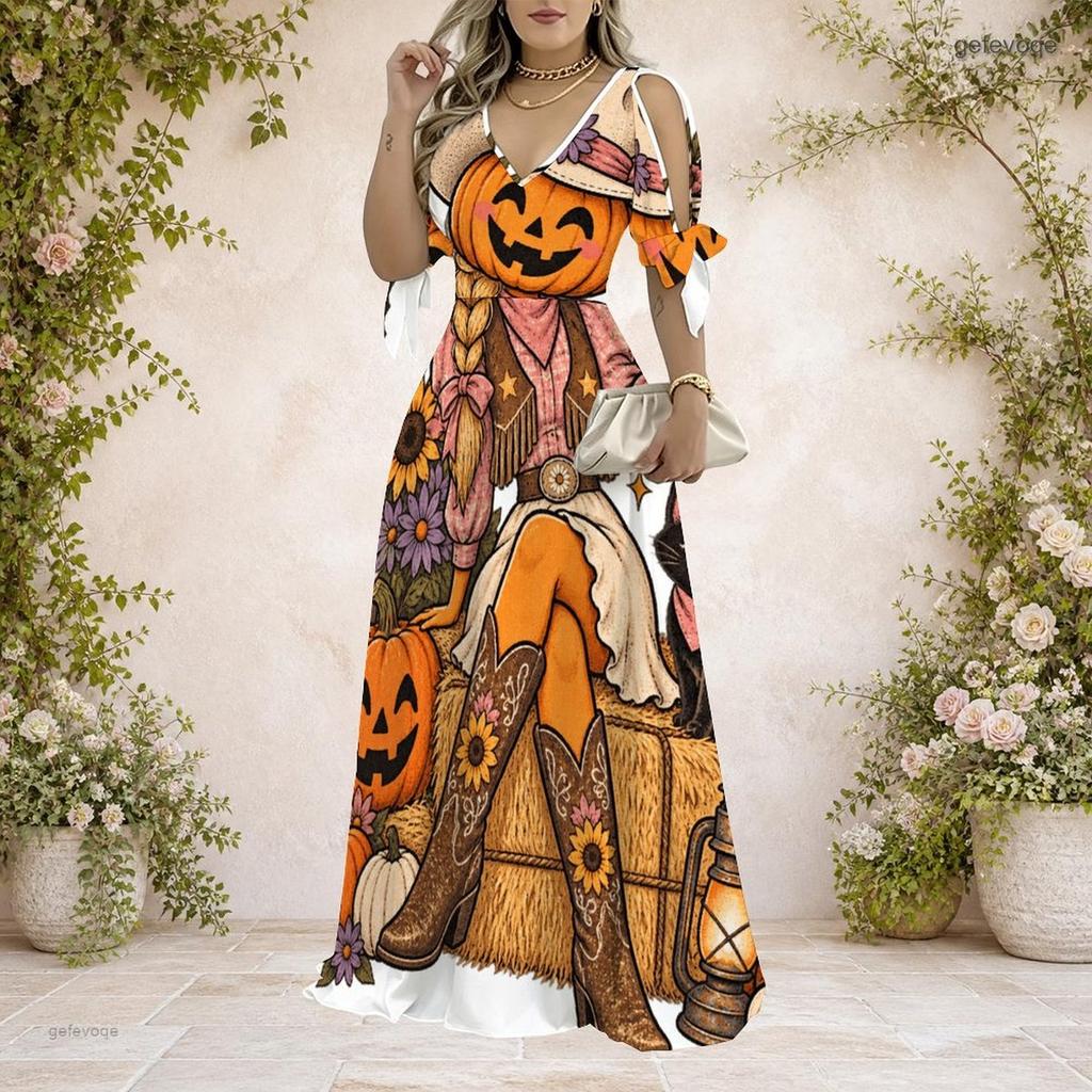 Women Plus Size V Neck Cold Shoulder Short Sleeve Halloween Llama Printed A Line Long Dress