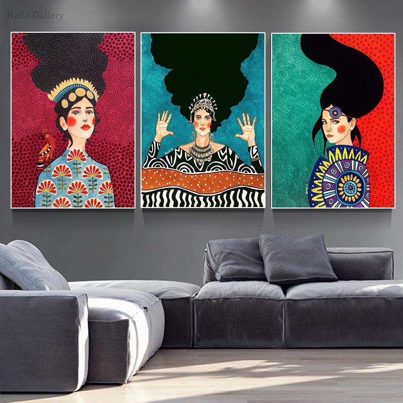 Abstrakcyjna dziewczyna z kwiatami Kolorowe długie włosy Plakat skandynawski Kobieta Malarka na płótnie ściennym