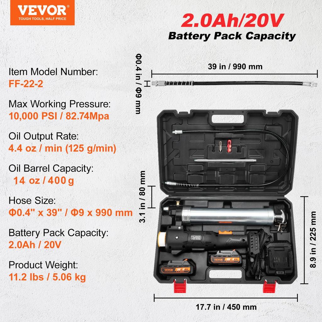VEVOR Cordless Grease Gun, 20-Volt, 10,000 PSI, 39" Long Hose