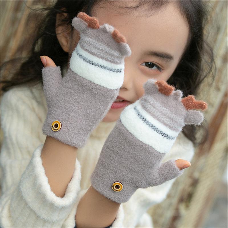 Children's Winter Warm Reindeer Flip-top Fingerless Gloves for Ages 4-10