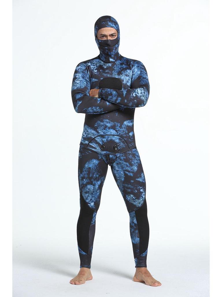 Kamuflážový 3mm potápěčský a spearfishingový neopren s kapucí - Chladuvzdorný a teplý jednodílný oblek pro freediving a lov