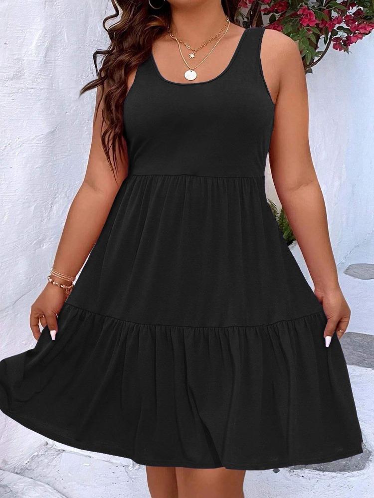 

Женское миди-платье без рукавов большого размера 2024 Весна Лето Повседневный шик Однотонное На каждый день Европейская американская мода 5XL чёрный