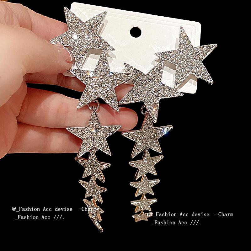 Silver Needle Diamond Star Splicing Tassel Earrings Light Luxury Personality Long Earrings Fashion Exaggeration New Earrings Women