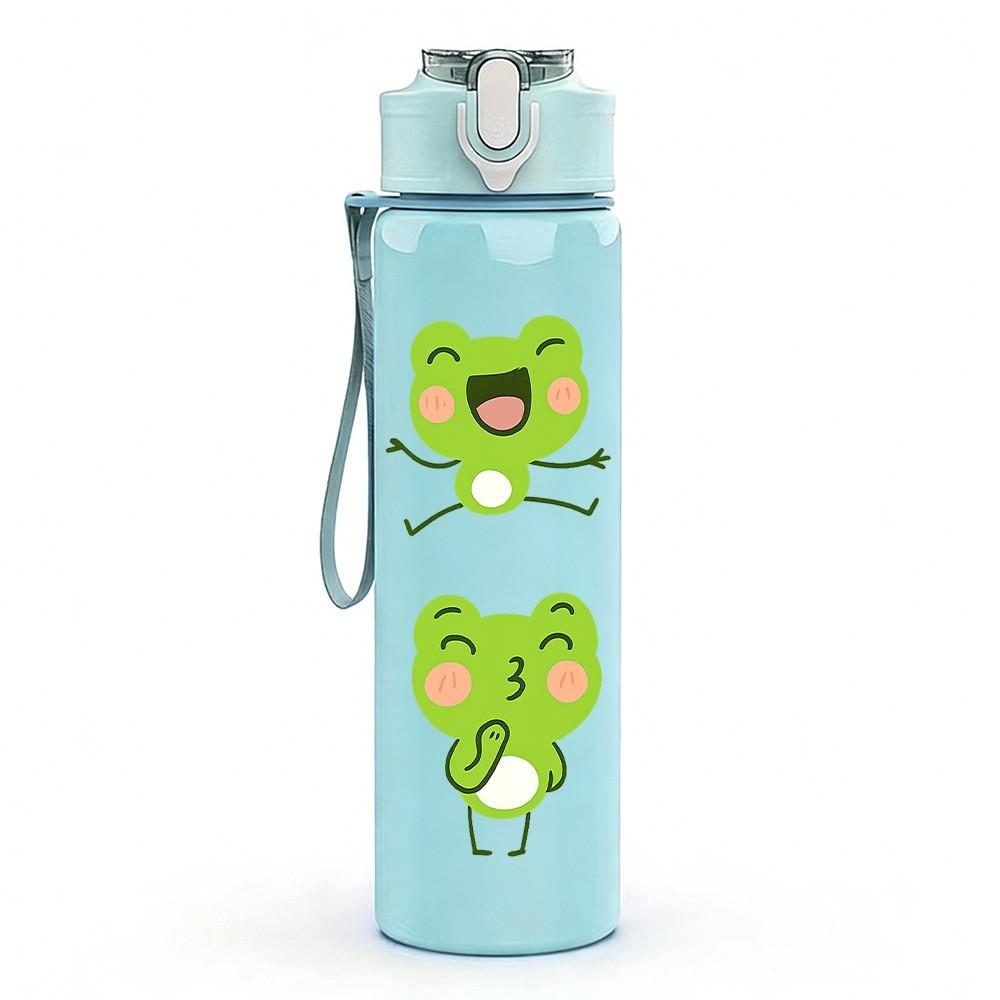 1PC Green Frog Group Cartoon Pattern 750ml Color Plastic Sports Water Bottle Leakproof Flip Straw Lid Suitable for Sports Office Home Use