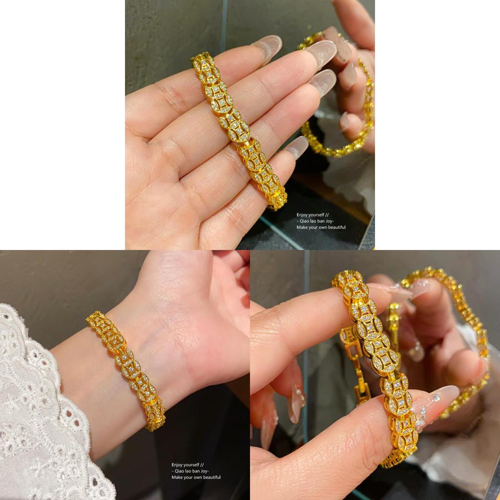 Chinese Style Zircon Copper Coin Geometric Bracelet With Luxury Finish For Women