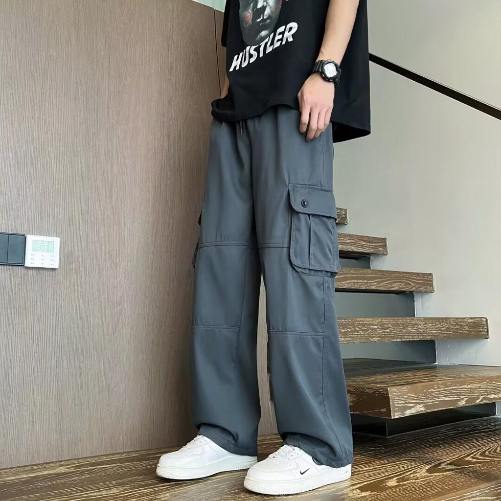 Multi-pocket Overalls Men's Summer Hong Kong Style Ins Loose Straight Trousers Trendy Elastic Waist Casual Pants