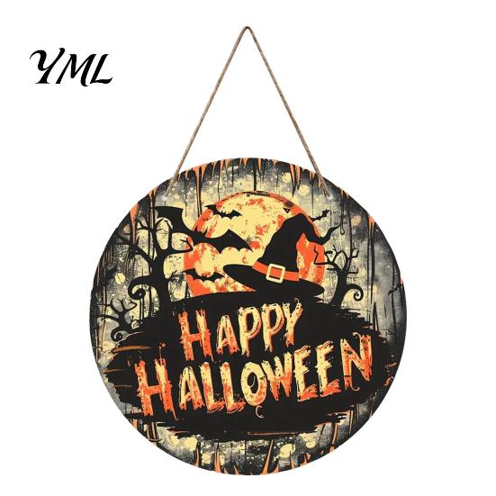 Halloween Party Home Ornament Witch Hanging Sign, 8" Round Wooden Door Autumn Forest Front Decor Witches Rustic Holiday Sign for Porch Decoration Gift