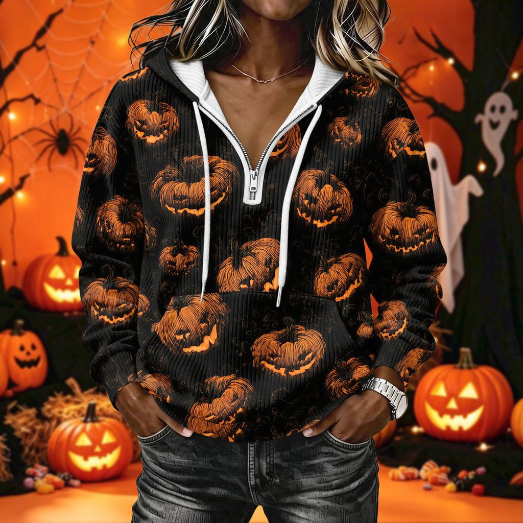 Women's Halloween Print Long Sleeve Hoodie Pullover Sweatshirt