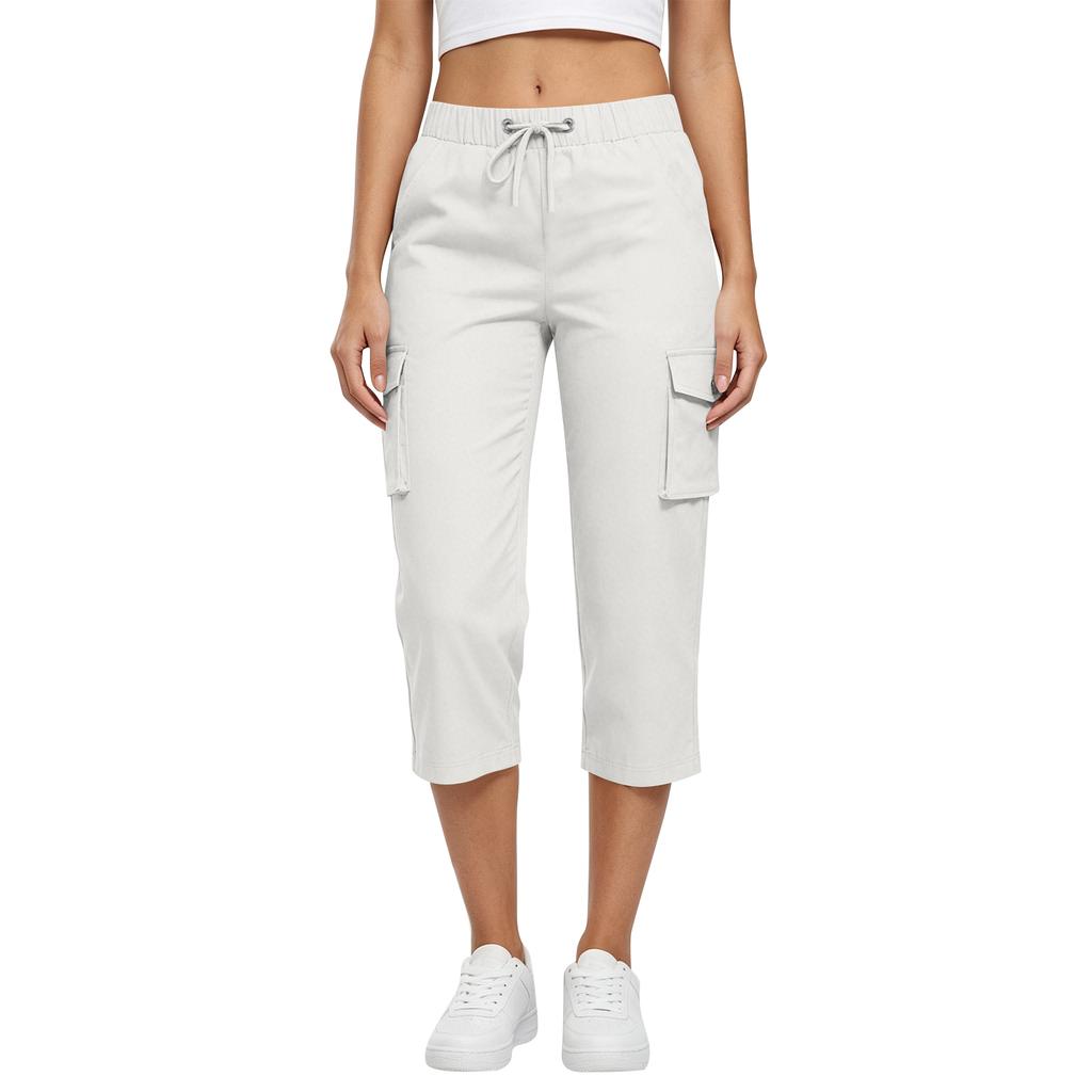 Damen Cargo Capri-Hose mit hoher Taille, Taschen und Kordelzug, lässige, entspannte Passform, Outdoor-Sportbekleidung