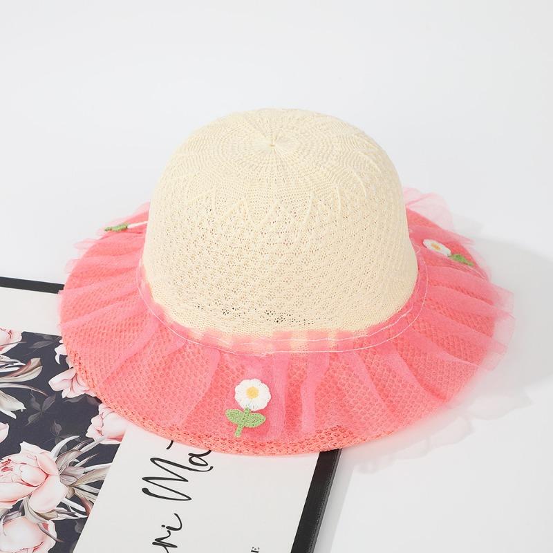 Fashion children's breathable small straw hat baby colorful cute flower yarn edge hat sunscreen summer cool hat