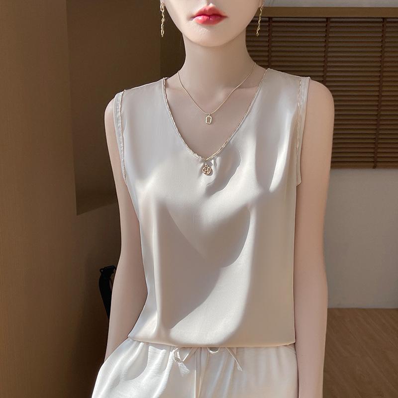 

Атласная майка с V-образным вырезом для женщин - Новинка 2025, без рукавов, для ношения как нижнее/верхнее белье XXL