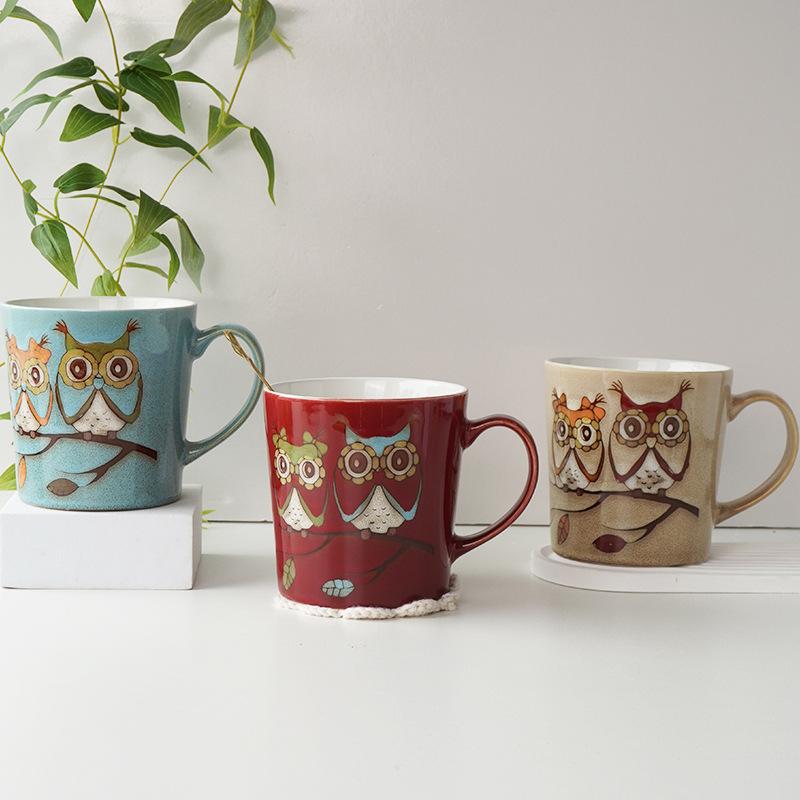 Vintage Owl Ceramic Mug Large Capacity V Shape Coffee Cup Ins Style Forest Theme