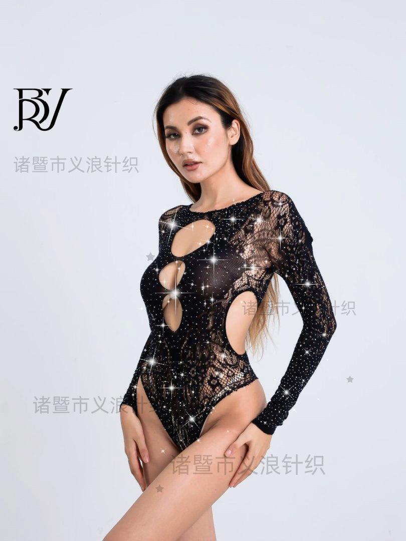 European and American hot diamond shiny sexy underwear hot diamond mesh coat long sleeve halter leopard print fishing net hollow bikini onesie 45-85kg