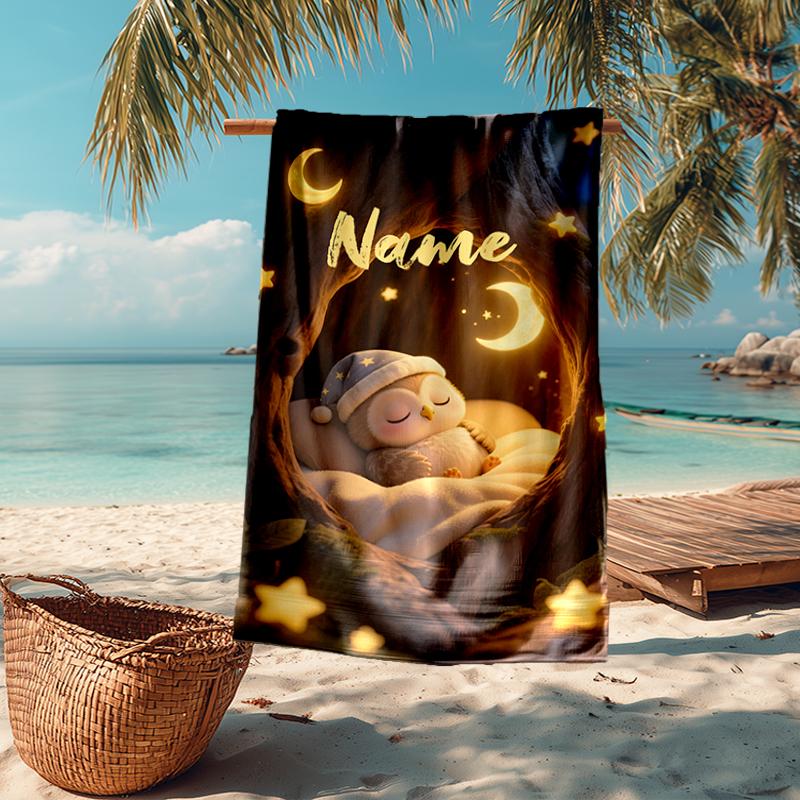 Custom Name Ultra-Soft Beach Towel with Owl Theme,Ideal for Pool - Camping, Diving - Perfect Travel Essential, Vibrant Beach Towel.