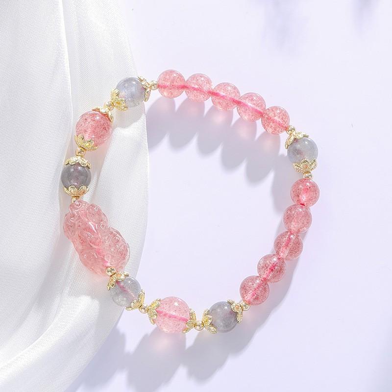 Strawberry Quartz Beaded Bracelet With Matte Gray Moonstone Engraved Pixiu Charm Women Elegant Minimalist Style Morandi Tone Strawberry Crystal Pixiu Bracelet