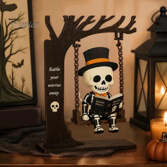 Spooky Halloween Party Supplies Funny Swing Ornament, Witch/Skeleton/Mummy/Pumpkin Ghost Sitting on Indoor Outdoor Decorations Reading Book