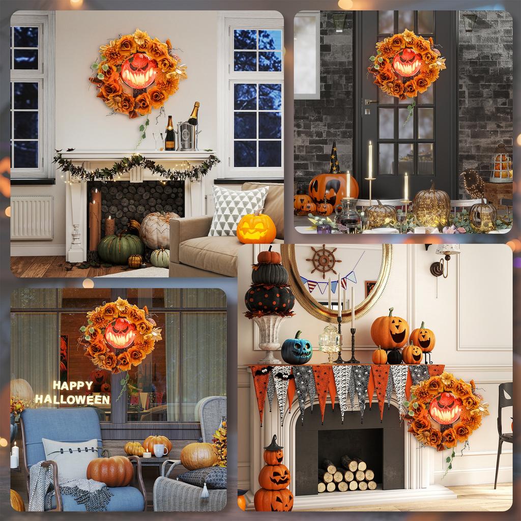 Halloween Wreath, Spooky Pumpkin Design, Autumn Leaves, Light Effects, Plastic