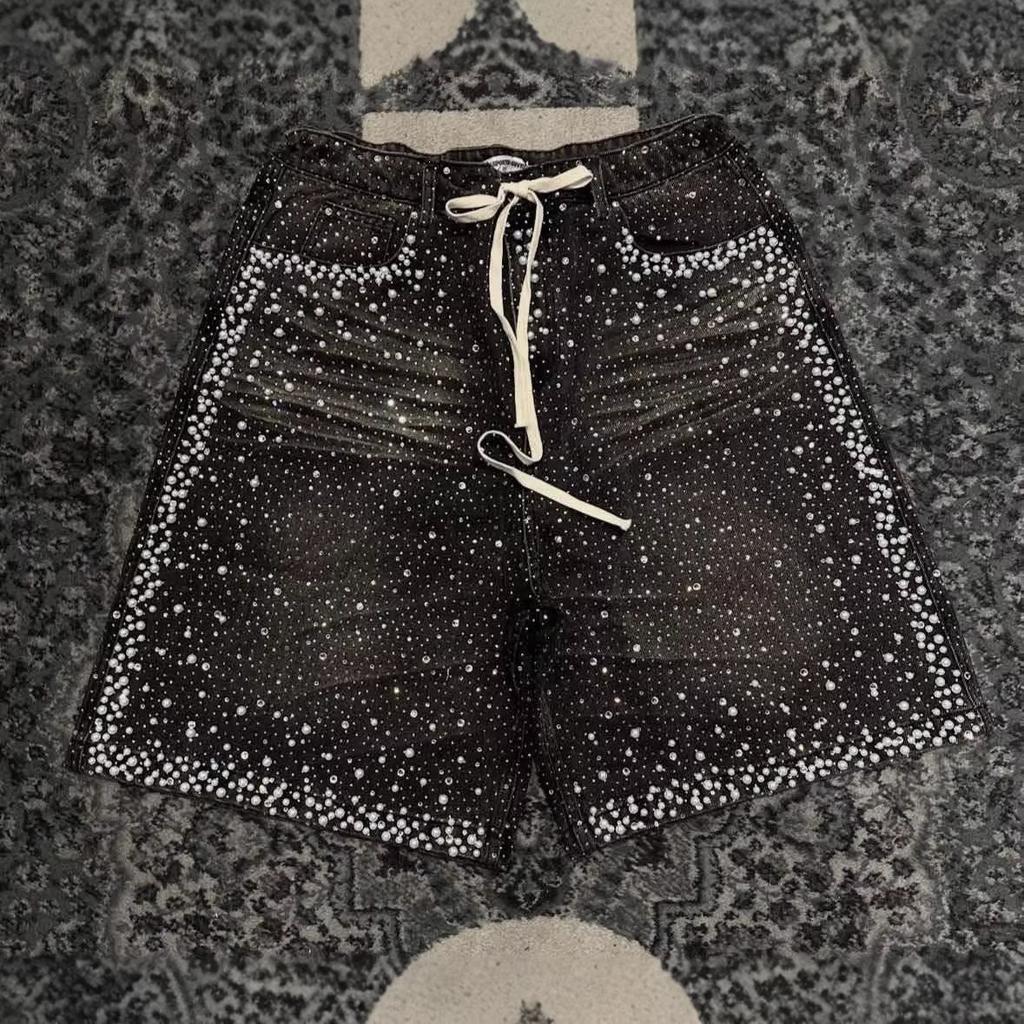 Street Hot Drill Full Diamond Denim Shorts European and American Heavy Industry Old American Retro Loose Straight Five Points