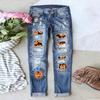 Women's Mid Rise Straight Leg Distressed Halloween Pumpkin Ghost Patch Print Long Denim Pants Summer Street Jeans