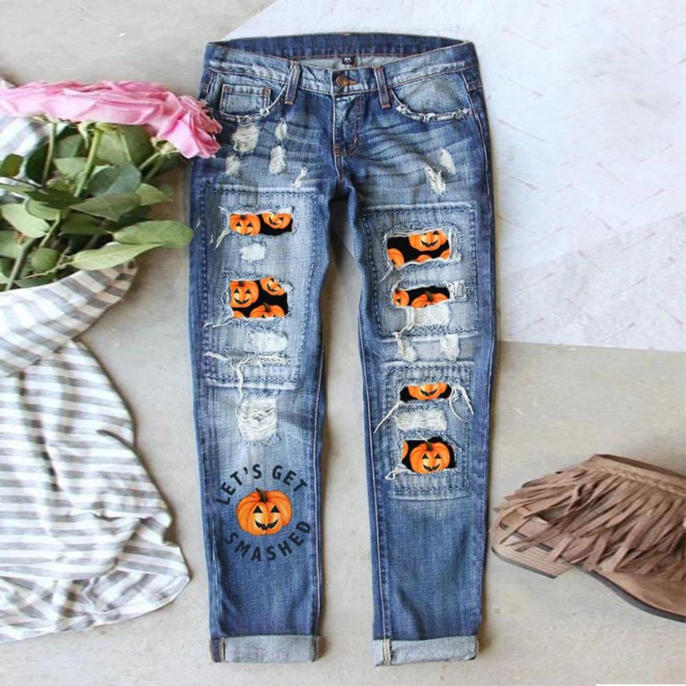Women's Mid Rise Straight Leg Distressed Halloween Pumpkin Ghost Patch Print Long Denim Pants Summer Street Jeans