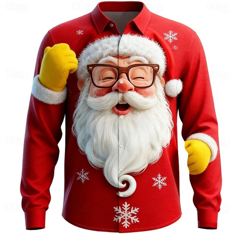 Men's Christmas shirt, Santa Claus 3D printed cartoon smiley face shirt, lapel long sleeve, fashionable design shirt XS-6XL