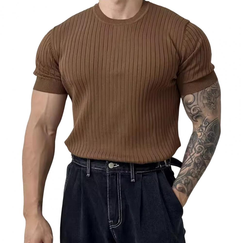Men Summer Sport T-shirt Knitted Thread Elastic O Neck Slim Fit Solid Color Short Sleeves Pullover Workout Gym Training Top