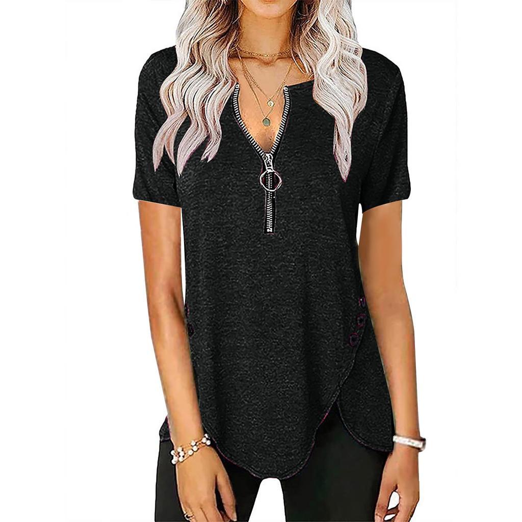 Womens Casual Color Zipper Short Sleeve Loose Top T-Shirt