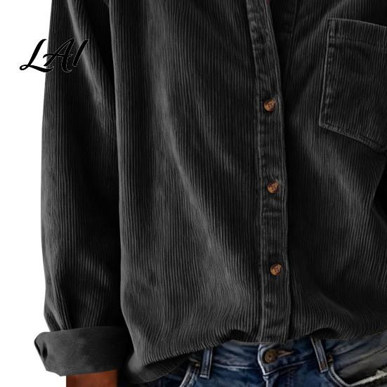 Breathable Texture Fall Apparel Women Vintage Corduroy Shirt Long Sleeve Button Up Jacket Lapel Soft Front Shirt Casual Blouse with Pockets