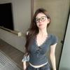 Bow Gray V-neck Lace Splicing Short-sleeved T-shirt Women's Summer Slim and Thin Niche Short Spice Girl Top Tide