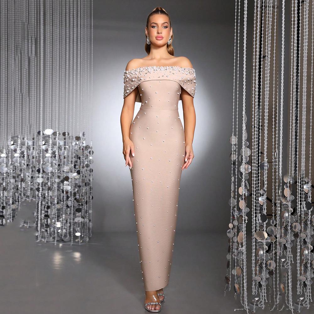 Elegant Pearl Beaded Rhinestone Off-Shoulder Bodycon Bandage Evening Dress M абрикосовый