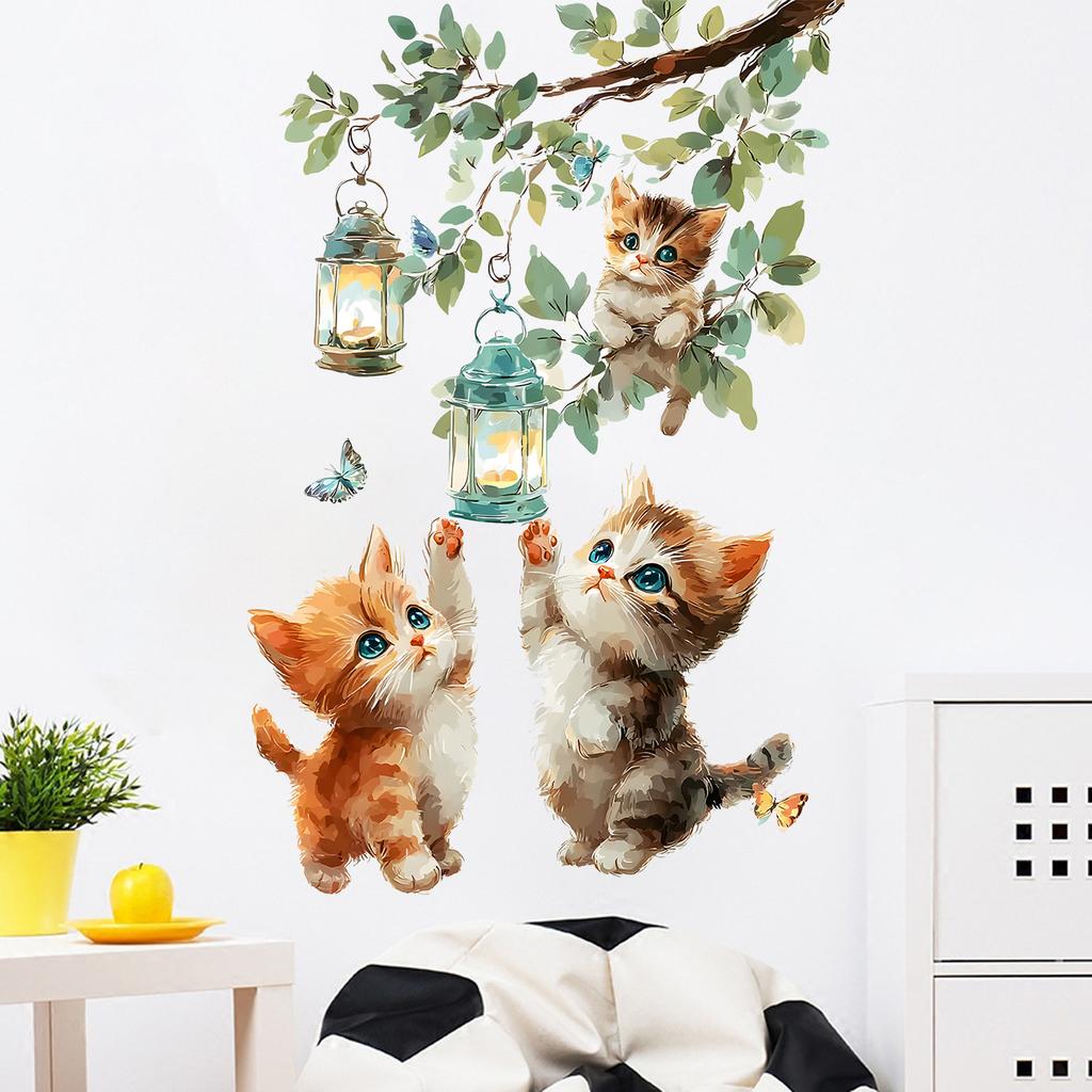 Cute Tree Branches Cats Butterflies Self-adhesive Waterproof Cartoon Stickers on Walls