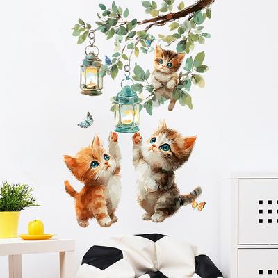 Cute Branch Cat Butterfly Lantern Wall Sticker Self-Adhesive Waterproof Removable Kids Room Cartoon Home Decor Art