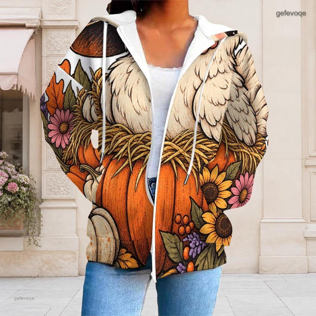 Women Plus Size Zip Up Hoodie Long Sleeve Drawstring Hood With Pockets Halloween Ghost Pumpkin Printed White