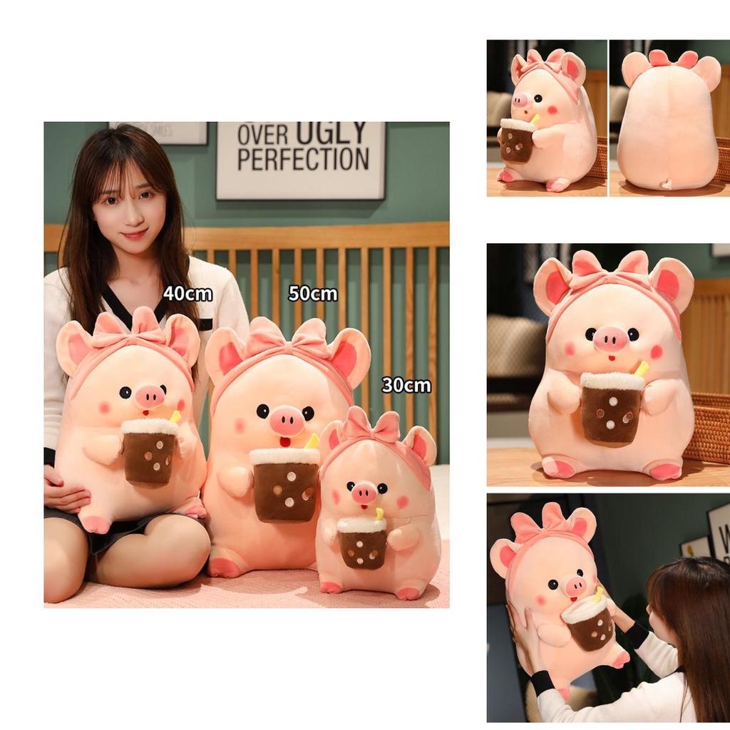 Adorable Milk Tea Pig Pink Pig Plush Toy With Bow Headband