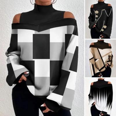 Frauen Herbst Winter Kontrast Farbe Drucken Tops Halb Hohe Kragen Kalten Schulter Laterne Lange Hülse Lose Fit T-shirt