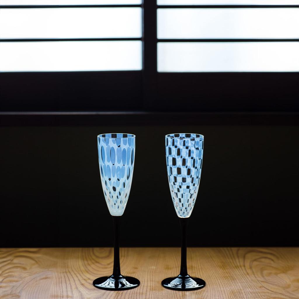 Hirota Glass [Taisho Romantic Flute Wine Glasses, Checkered & Polka Dot Design, Pair Set, 78723] Hirota Glass Modern Retro Glass Set, Pair Glasses, Gi