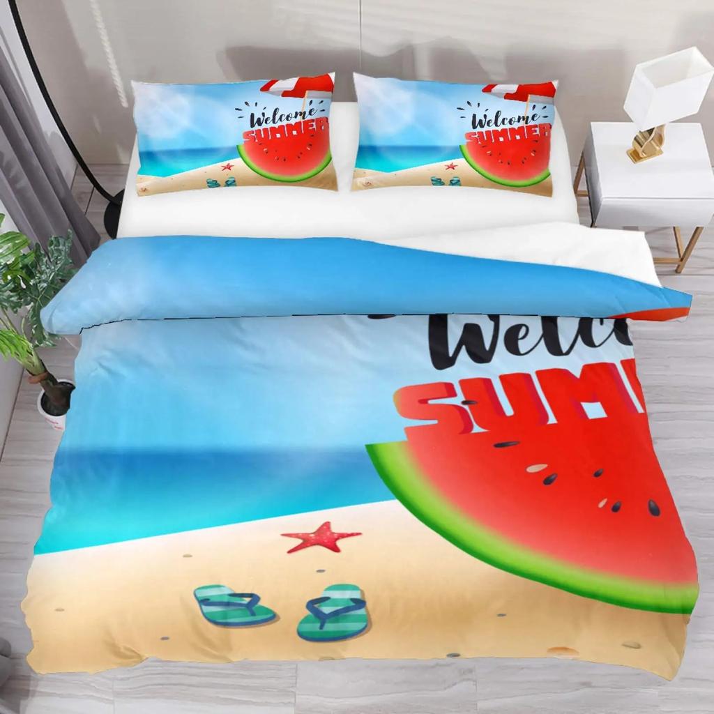 Hello Summer Duvet Cover Set Watercolor Watermelon Fruits Bedding Set Summer Holiday Theme Blue Rustic Cabin Comforter Cover