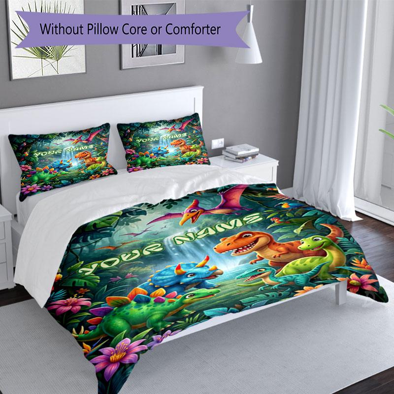 3PC Custom Name Dinosaur Adventure Jungle Bedding Set Duvet Cover Closure Includes 1 Duvet Cover & 2 Pillowcases for Bedroom