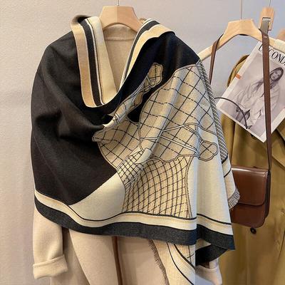 Elegant Horse Print Double-Sided Faux Cashmere Scarf