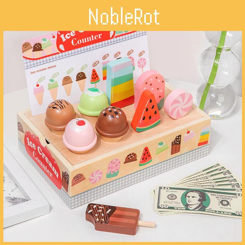 Simulation Wooden Ice Cream Vending Cabinet Model Children Toy Set Gift For