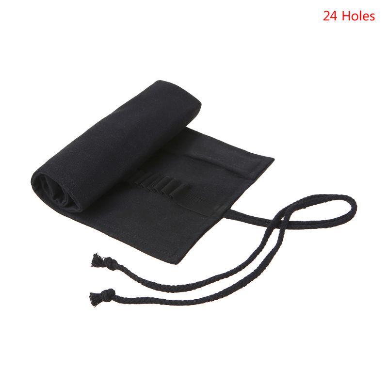Black Color School Pencil Case Roller 12/24/36/48/72 Holes Canvas Roll Up Makeup