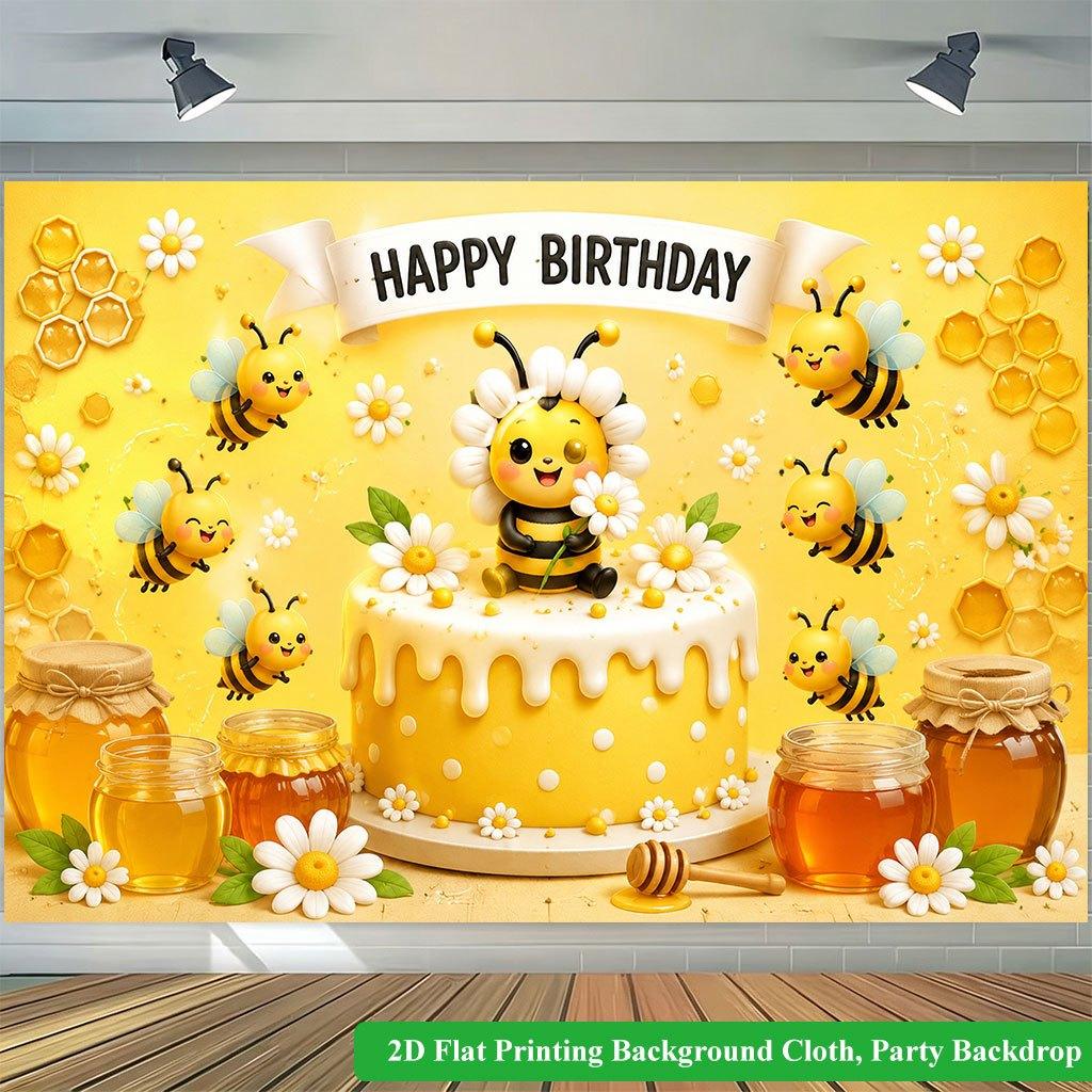 2D Flat Backdrop1pc Bee Cake Birthday Backdrop Banner Polyester Wall Decor For Living Room Bedroom Office Outdoor Decor Holiday Gift