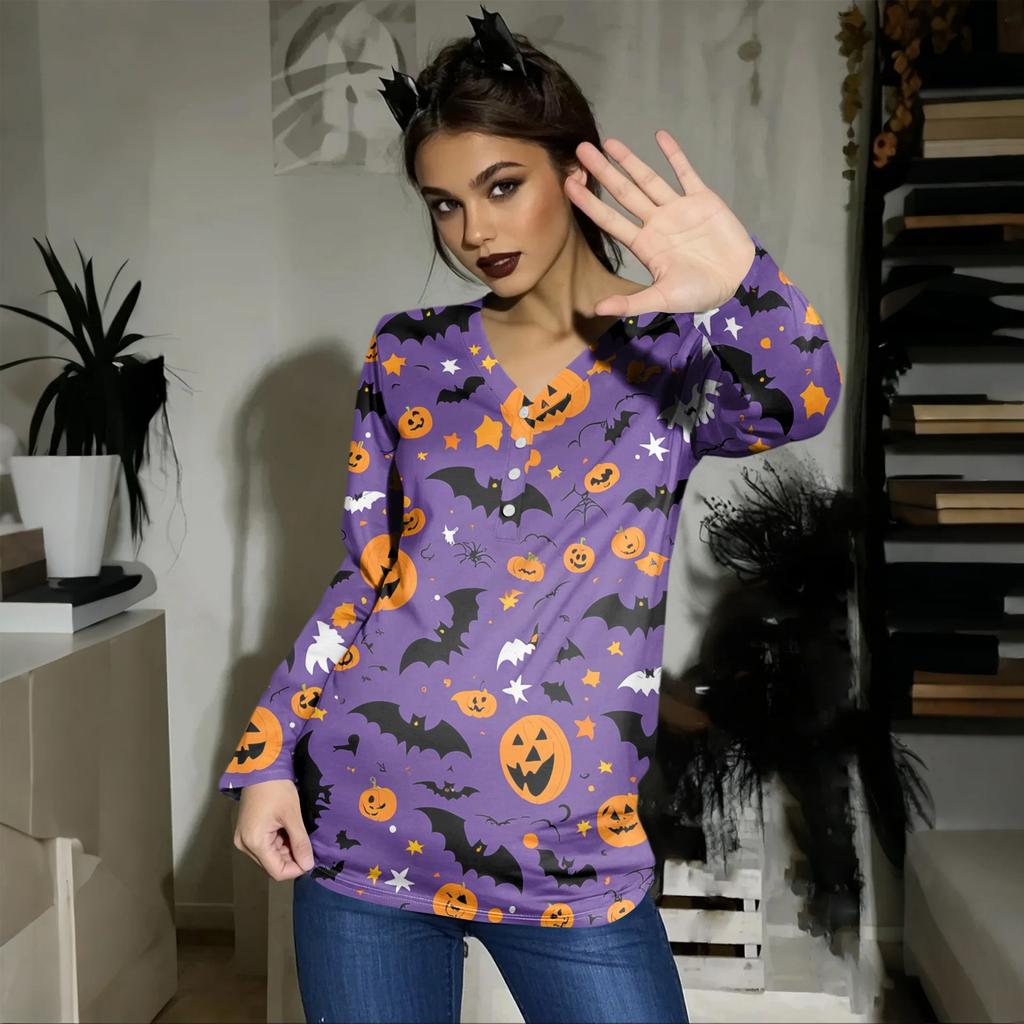 Women's Casual Fashion Sexy Comfort Halloween Printed V-Neck Button Long Sleeve