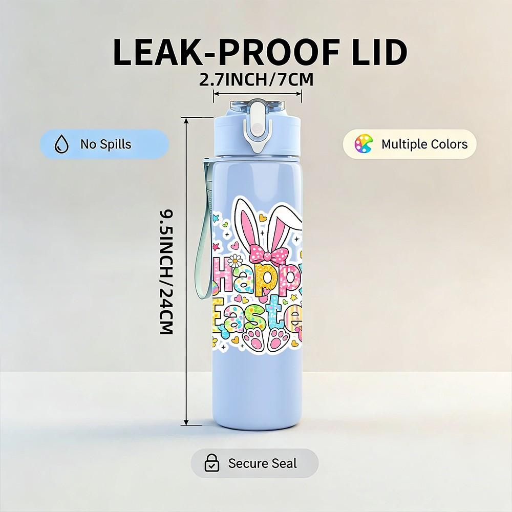 1PC Happy Easter Doodle Letter Print 750ml Color Plastic Sports Water Bottle Leakproof Flip Straw Lid Suitable for Sports Office Home Use