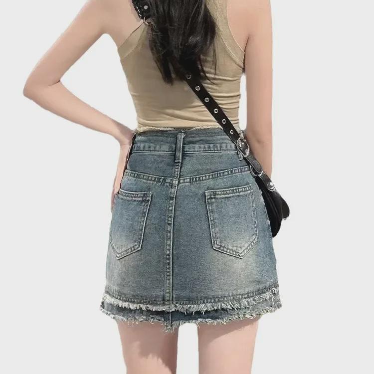 2024 Amerikanischer Retro High Waist Denim Bodycon Rock - Koreanischer Stil, Raw Edge, Schlankmachender Midi-Rock für Frühling/Sommer