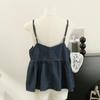 Elegance Casual Stylish Vest Versatile Denim V-neck Camisole Undershirt Female Dark Color Design Sense Hem Ruffled Ruffles Loose Short Tops Summer