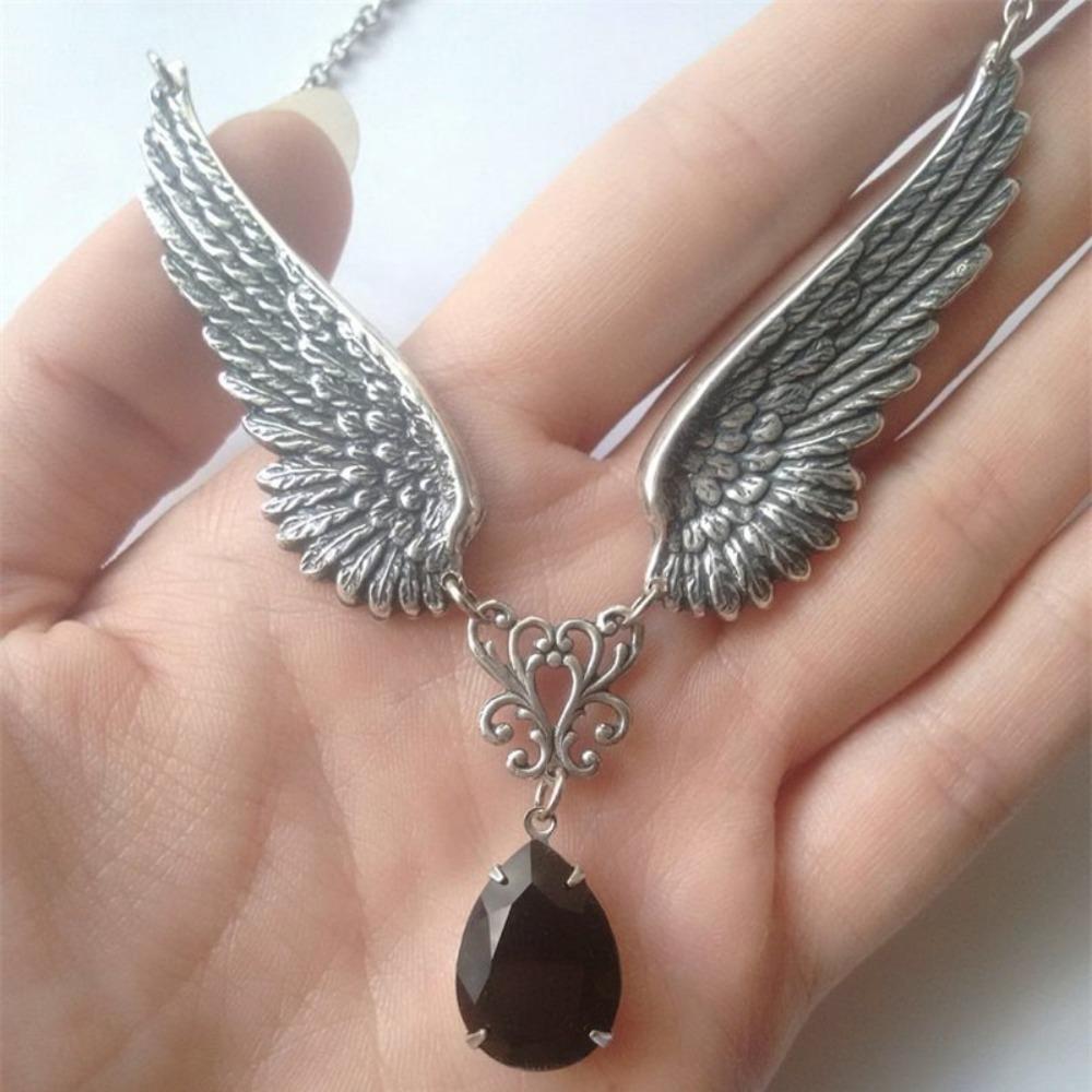 Gothic Punk Ancient Silver Angel Wings Black Water Drop Pendant Necklace for Women Men Charm Choker Chain Jewelry Accessory Gift