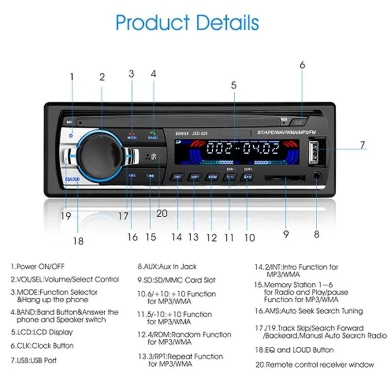 Autoradio Bluetooth 12V Radio FM Lettore audio MP3 USB SD AUX Elettronica per auto Subwoofer In-Dash 1 DIN Autoradio