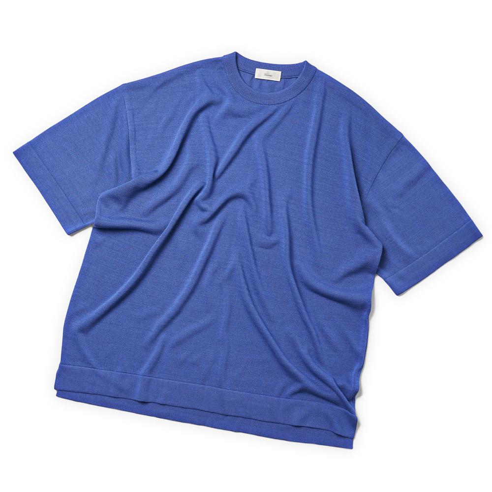 Berno [Casual] Linen Like Short Sleeve Round Knit Blue L