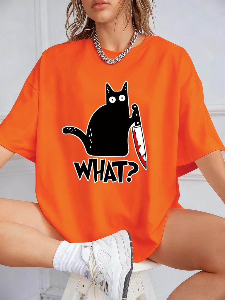 Schwarze Katze mit Messer Aufdrucken Kurzarm T-Shirts Damen Sommer Baumwolle T-Shirts Locker O-Ausschnitt Weiche Oberteile Streetwear
